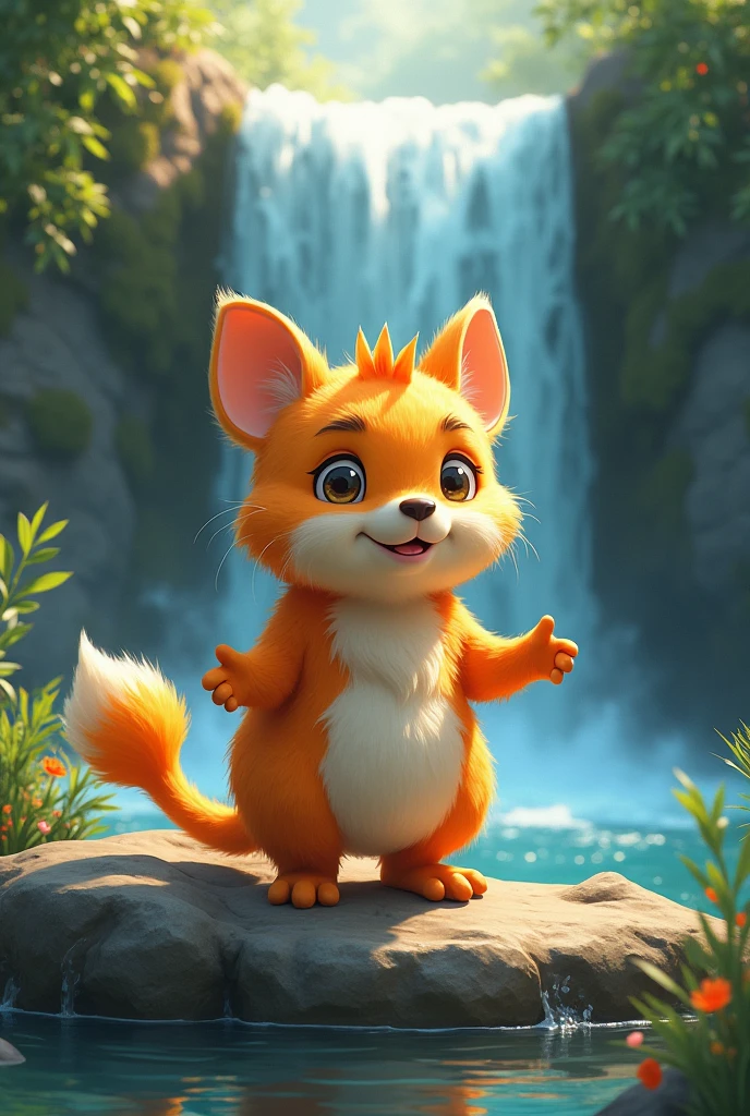 Mascot about kindness in a waterfall