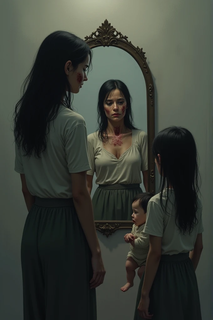 A woman stands in front of a mirror with a girl carrying a baby boy. The reflection in the mirror is a woman who has physical abuse on her left eye, face, lips and body.