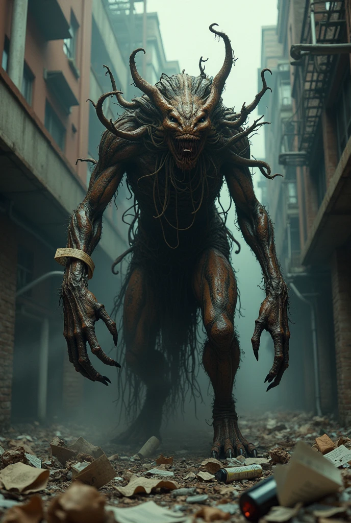 A creature that fed on every feeling we used and threw away, like unrequited love letters, wine bottles used to forget problems, lost documents, unpaid receipts... All this thrown in the trash brings to the surface human despair and its feelings fragmented into one thing.. He is among us.