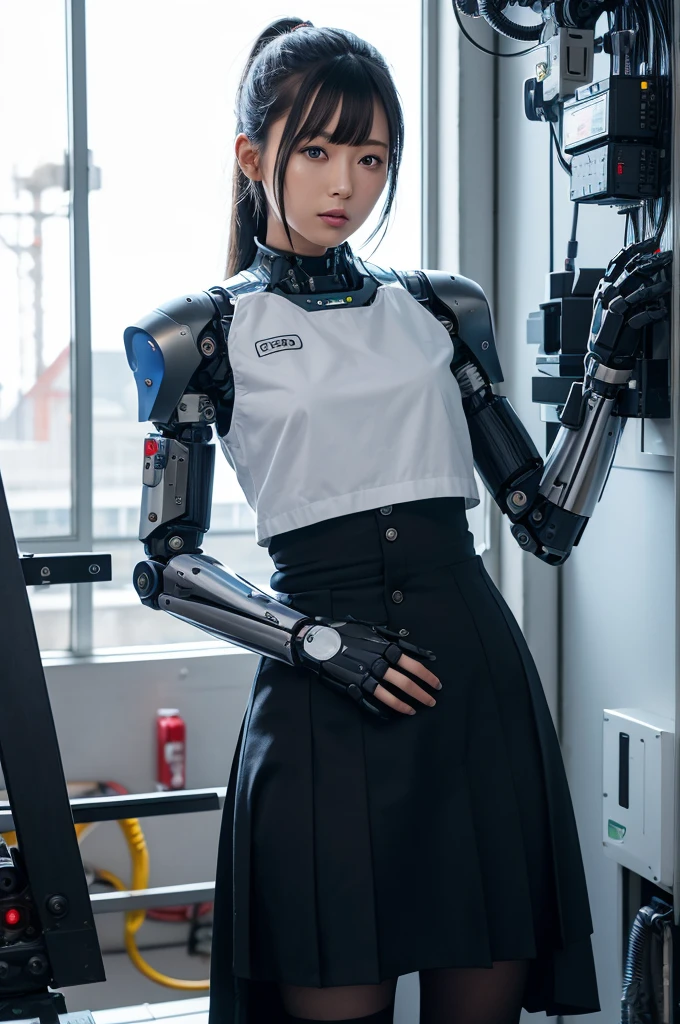 masterpiece, best quality, extremely detailed, Japaese android girl,Plump , control panels,android,Droid,Mechanical Hand, Robot arms and legs, Black hair,Blunt bangs,perfect robot girl,long tube,thick cable connected her neck,android,robot,humanoid,cyborg,japanese cyborg girl ,future laboratory,connecting a cable between the legs,skirt, high socks,blue eyes