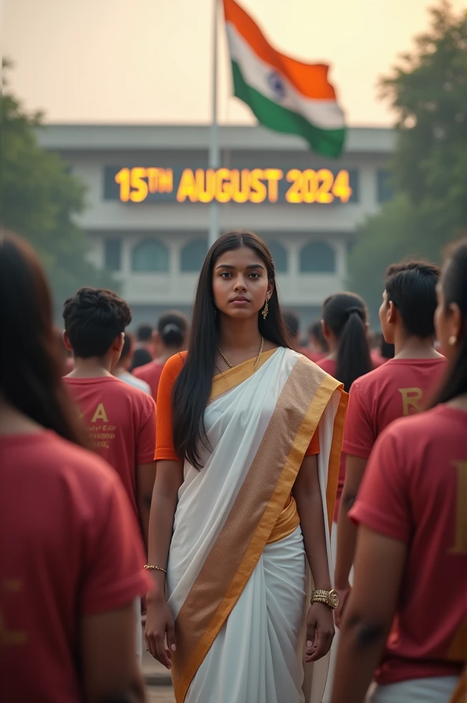 In a college campus, 20-year-old Priya (spelled P-R-I-Y-A) leads a group of students in saluting the national flag as it's being hoisted. Priya is wearing a crisp white saree with a tricolor border. Her blouse has "PRIYA" printed in elegant gold letters. The college building behind is adorned with lights forming "15th August 2024". 4K image.