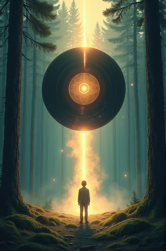 A tattoo of a vinyl record flying in a pine forest and a light descending from it onto a person.