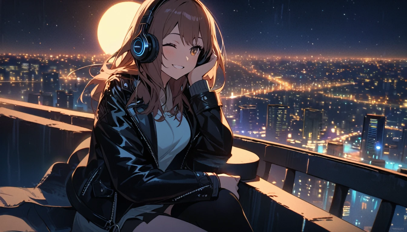 Wearing headphones and a leather jacket, Sitting on the edge of a rooftop at night. The city lights are shining behind her, And the moon reflects in the sea. She is smiling and enjoying the music, He doesn&#39;t notice the camera capturing this moment..