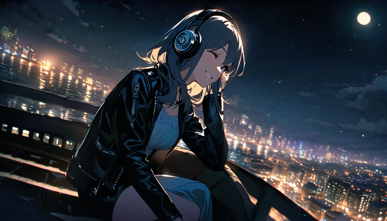 Wearing headphones and a leather jacket, Sitting on the edge of a rooftop at night. The city lights are shining behind her, And the moon reflects in the sea. She is smiling and enjoying the music, He doesn't notice the camera capturing this moment..