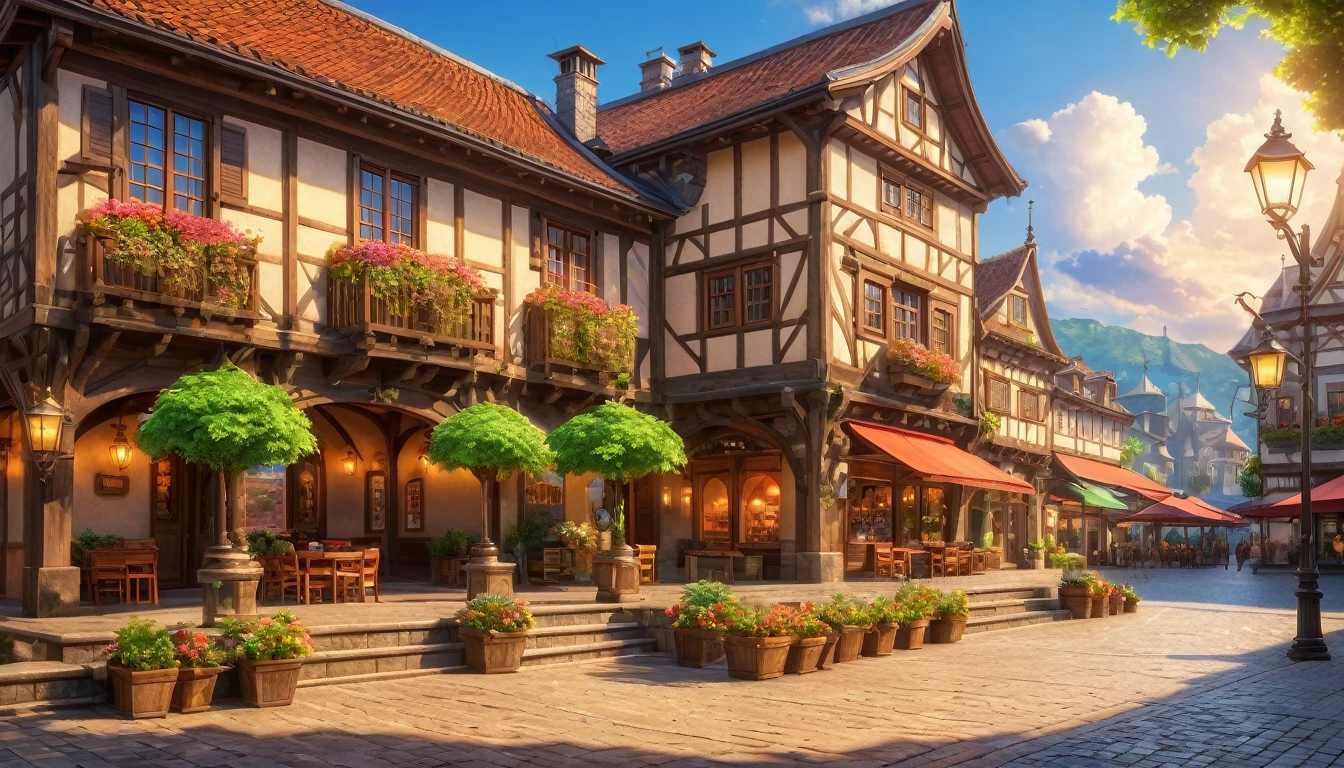 (anime, fantasy, town square), (best quality, highres, highly detailed, HDR:1.2), vibrant colors, calm atmosphere, town square with shop and house, lamp post, fountain, intricate, ethereal light, detailed landscape