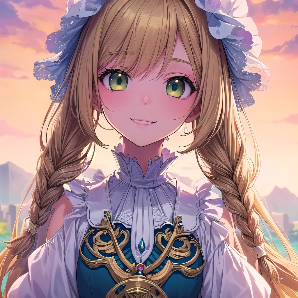 ((masterpiece)), ((Highest quality)), upper body, from front, ((A pure young lady with golden brown hair and yellow-green eyes.)), (Beautifully detailed droopy eyes), ((I have my hair in braids)), (Long sleeves), (A beautiful girl wearing a neat dress with lots of white lace), (Quiet personality), Vivid and beautiful anime girl, Shiny ultramarine clothing, Detailed Key Anime Art, Smooth anime CG art, Detailed portrait of an anime character, Fantasy, ((light smile)), ((Super detailed)), (アニメ:1.1)