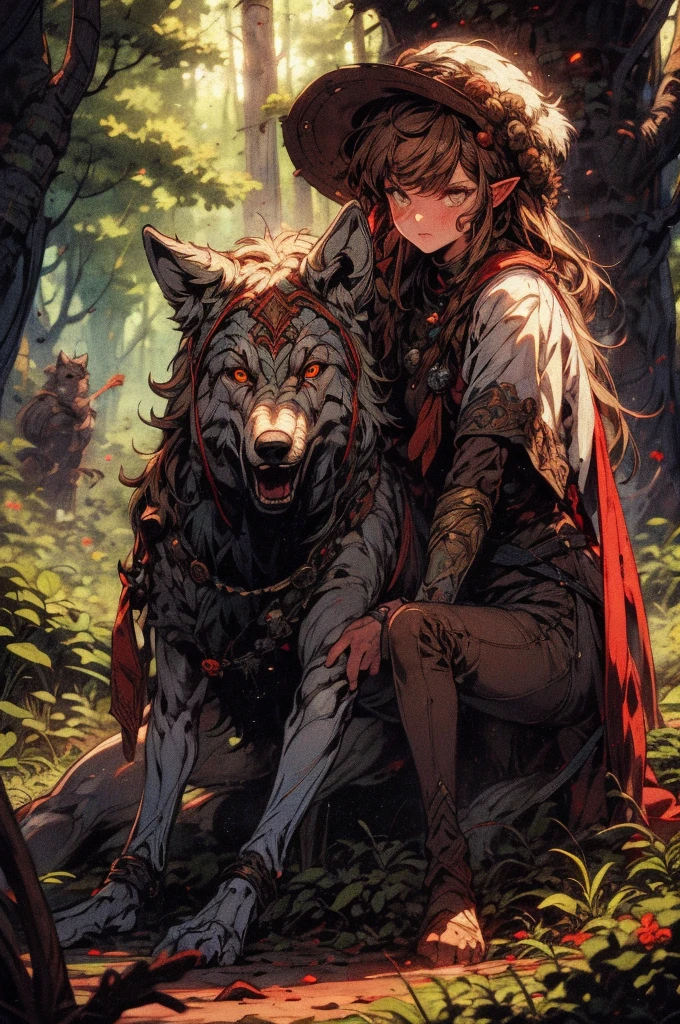 (masterpiece, best quality, detailed, high definition, vibrant colors) a majestic scene of an elven woman scout, brown hair, unique scout hat, supply pack, in the forest, fantasy scout clothes, scout gears, caresses his pet wolf