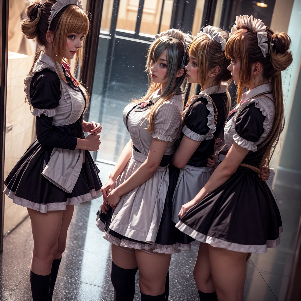 (Full Body of Extremely Detailed((Sexy Maid Group in a row:1.37))), KAWAII perfect face, Reflective Eyes, Detailed(Delicate Clothing textures), Correct Leg Line, Dynamic Joyful Expressions LifeLike Rendering, Specular Reflection, TopQuality 8K Ultra-detailed masterpiece (ProfessionalPhoto:1.37), (Acutance:0.8), (Luminism:1.28), Renaissance art style, Colorful Light particles, ((Full body from side)), {MicroMini Skirt|Kissing|Thigh Gap|AssFocus|(NakedApron with (Overflowing SideBoob))}, Radiant Fine Skin with Transparency, (Exposed:0.41), (Different types of Anime hair color){Pink Hair|Blue Hair|Platinum Blonde|Pure White Hair|Liquid Hair}, Perfect Lighting 