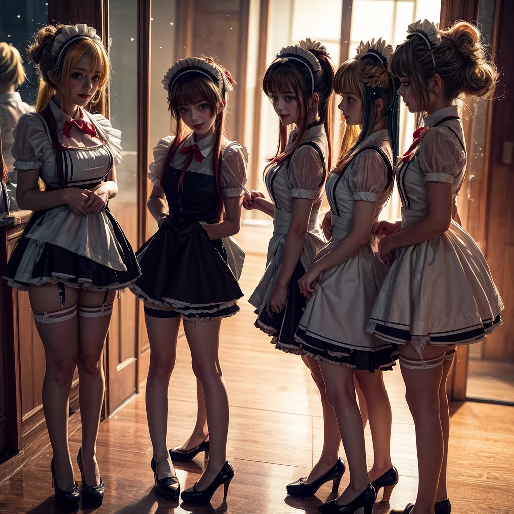 (Extremely Detailed((Kawaii Maid Group in a row:1.37))), Childish perfect face, Reflective Eyes, Detailed(Delicate Clothing textures), Dynamic Joyful Expressions LifeLike Rendering, (Specular Reflection:1.2), TopQuality 8K Ultra-detailed masterpiece (ProfessionalPhoto:1.37), (Acutance:0.8), (Luminism:1.28), (Renaissance art style), (Colorful Light particles:0.75), (Muscle:-0.5), ((Full body from side)), {(SkirtLift)|glossy floor|Kissing|Hugging|Undressing}, Radiant Fine Skin with Transparency, (Exposed:0.5), (Different Types of Anime Hair Color:1.6), Perfect Lighting