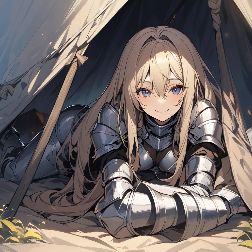 Very high quality dark fantasy style illustrations,In a tent at the camp, a female knight is smiling and looking at us in a coquettish pose.,The knight who is lying on the bed is smiling seductively.