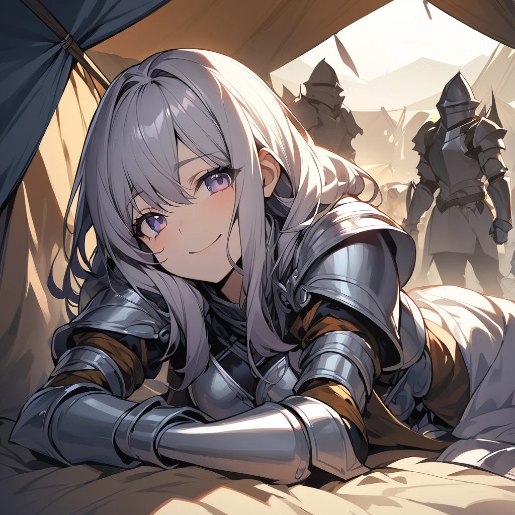 Very high quality dark fantasy style illustrations,In a tent at the camp, a female knight is smiling and looking at us in a coquettish pose.,The knight who is lying on the bed is smiling seductively.