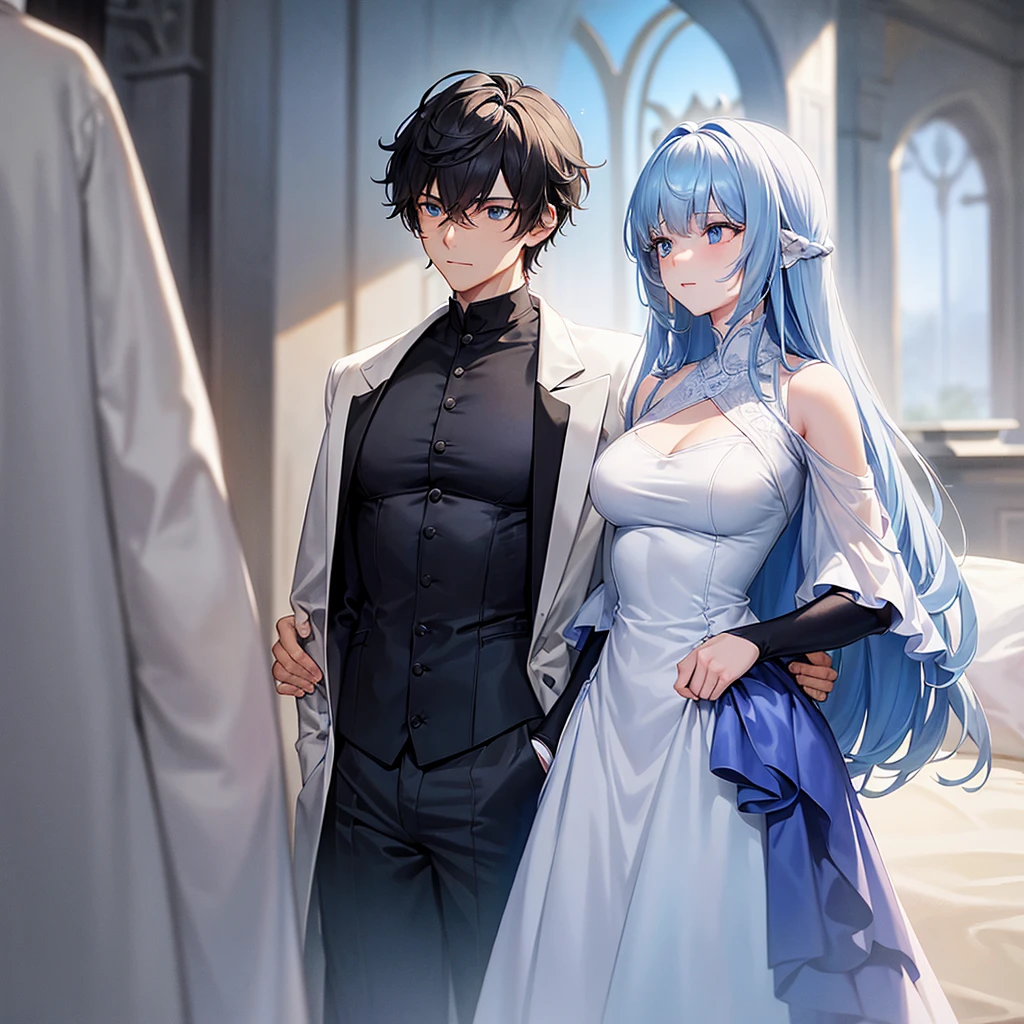 Create an image of Kaelan and Isobel in a tender, intimate moment. Kaelan is a tall, muscular alien with light blue skin, long dark blue hair, and glowing blue eyes. He has large, curved horns and a commanding presence. Isobel is a human woman with long, wavy chestnut hair, wearing a simple yet elegant outfit that blends with the natural surroundings of Astraelis. The two are standing close, with Kaelan protectively placing his arm around Isobel’s shoulders, while she looks up at him with deep a