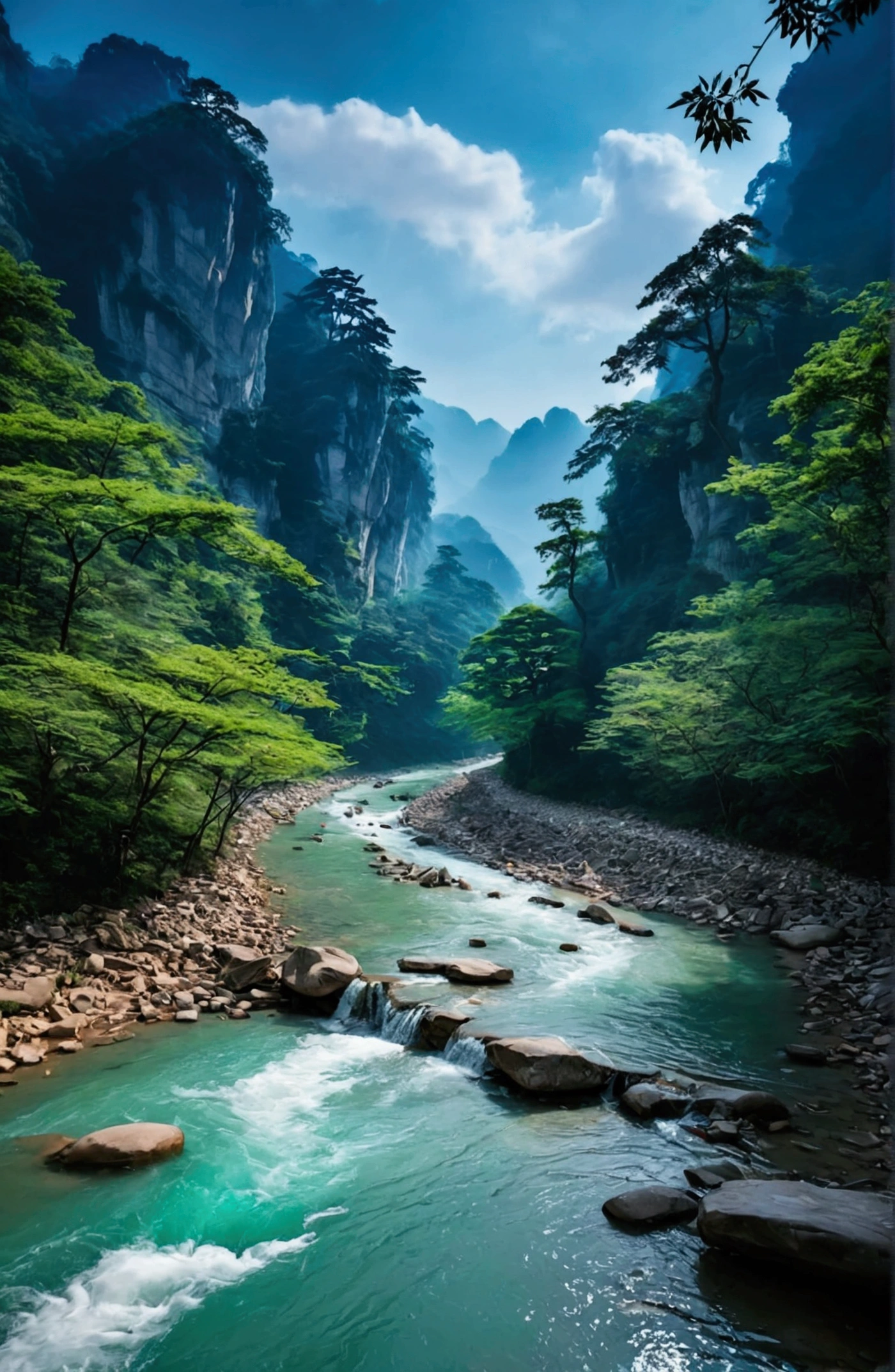 The stream is flowing,The stream is clear,There is a mountain beside the stream,Stone Mountain in Zhangjiajie,Clouds and mist,Unified emerald green tone,Cinematic color grading