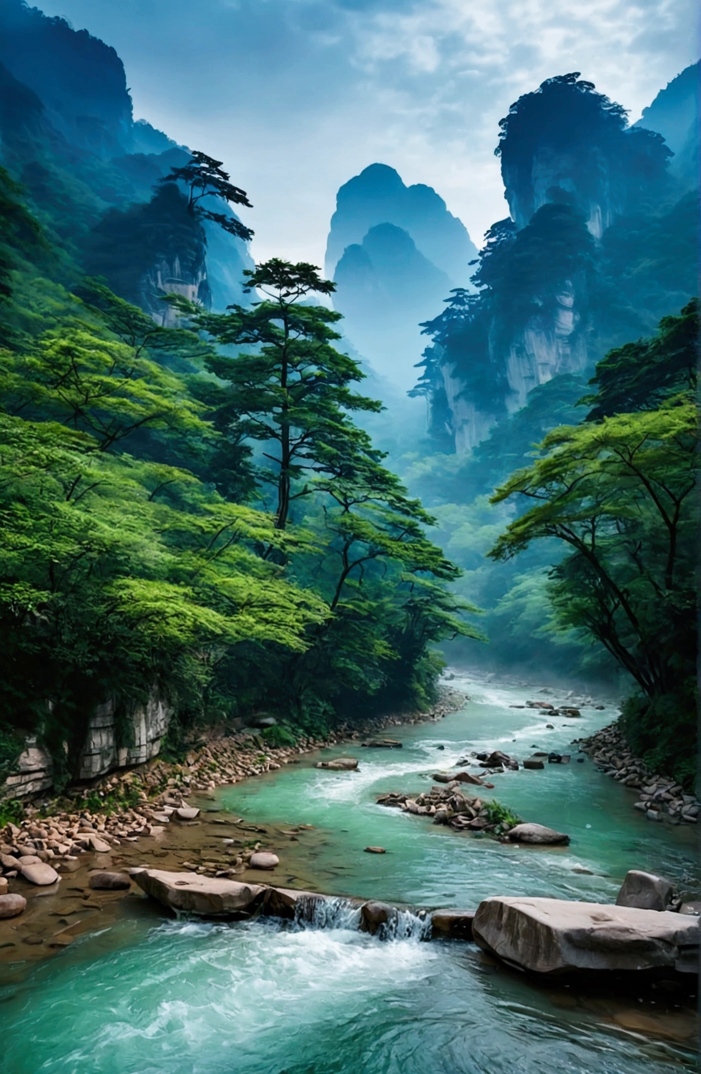The stream is flowing,The stream is clear,There is a mountain beside the stream,Stone Mountain in Zhangjiajie,Clouds and mist,Unified emerald green tone,Cinematic color grading