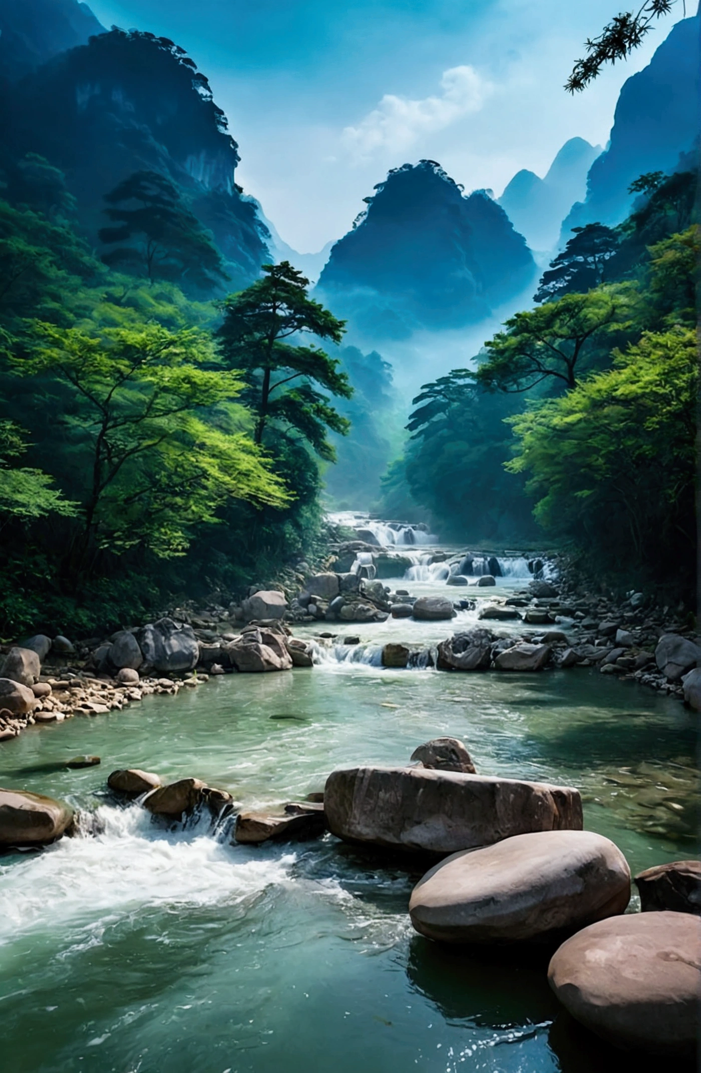 The stream is flowing,The stream is clear,There is a mountain beside the stream,Stone Mountain in Zhangjiajie,Clouds and mist,Unified emerald green tone,Cinematic color grading