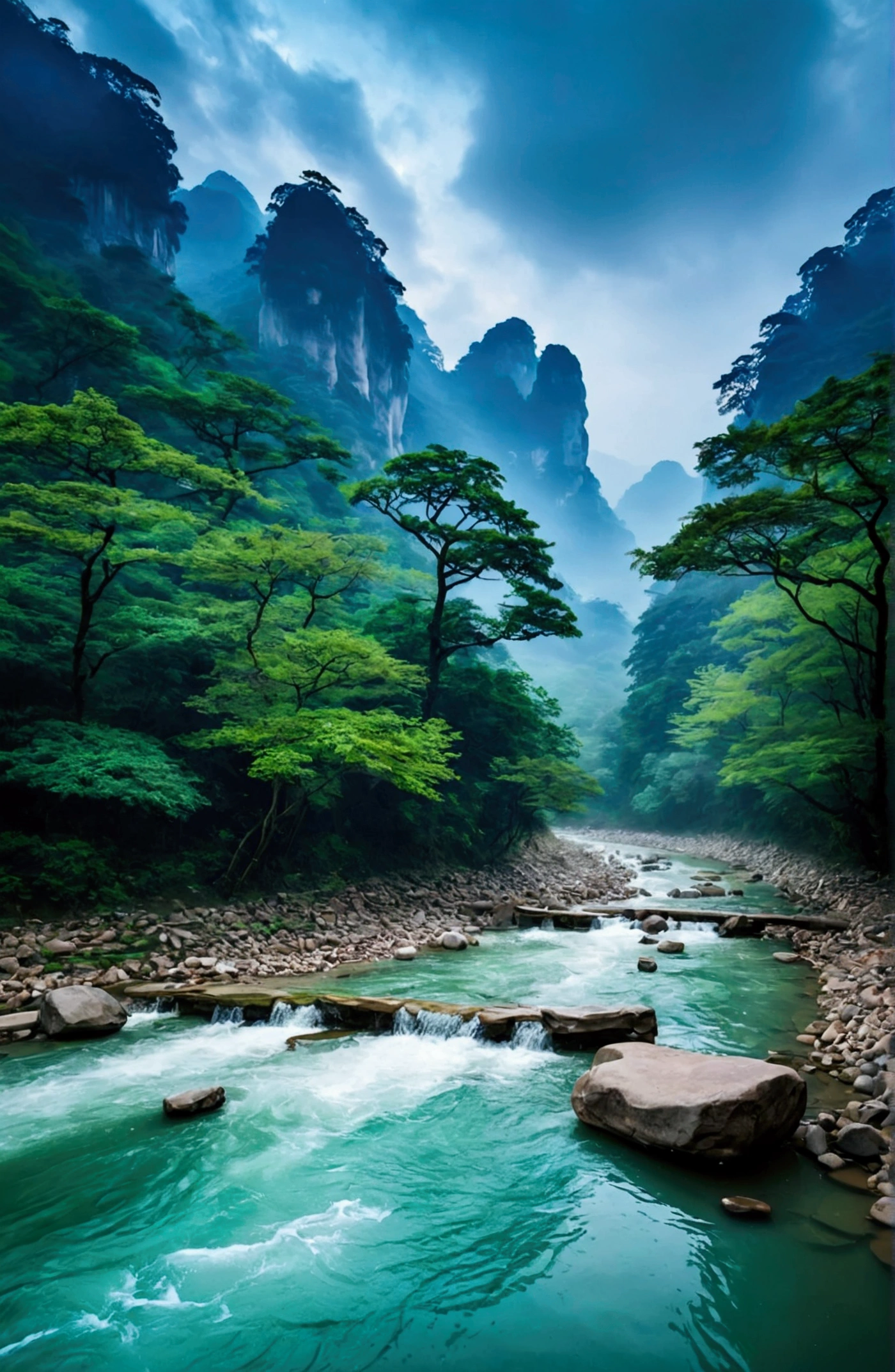 The stream is flowing,The stream is clear,There is a mountain beside the stream,Stone Mountain in Zhangjiajie,Clouds and mist,Unified emerald green tone,Cinematic color grading