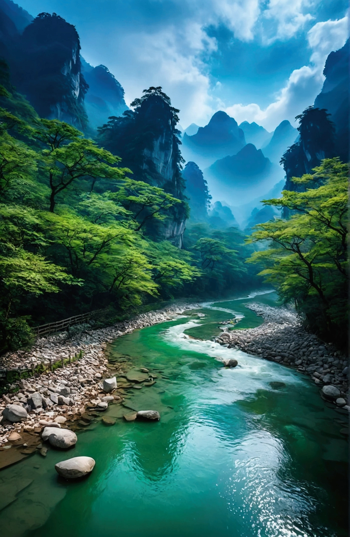 The stream is flowing,The stream is clear,There is a mountain beside the stream,Stone Mountain in Zhangjiajie,Clouds and mist,Unified emerald green tone,Cinematic color grading