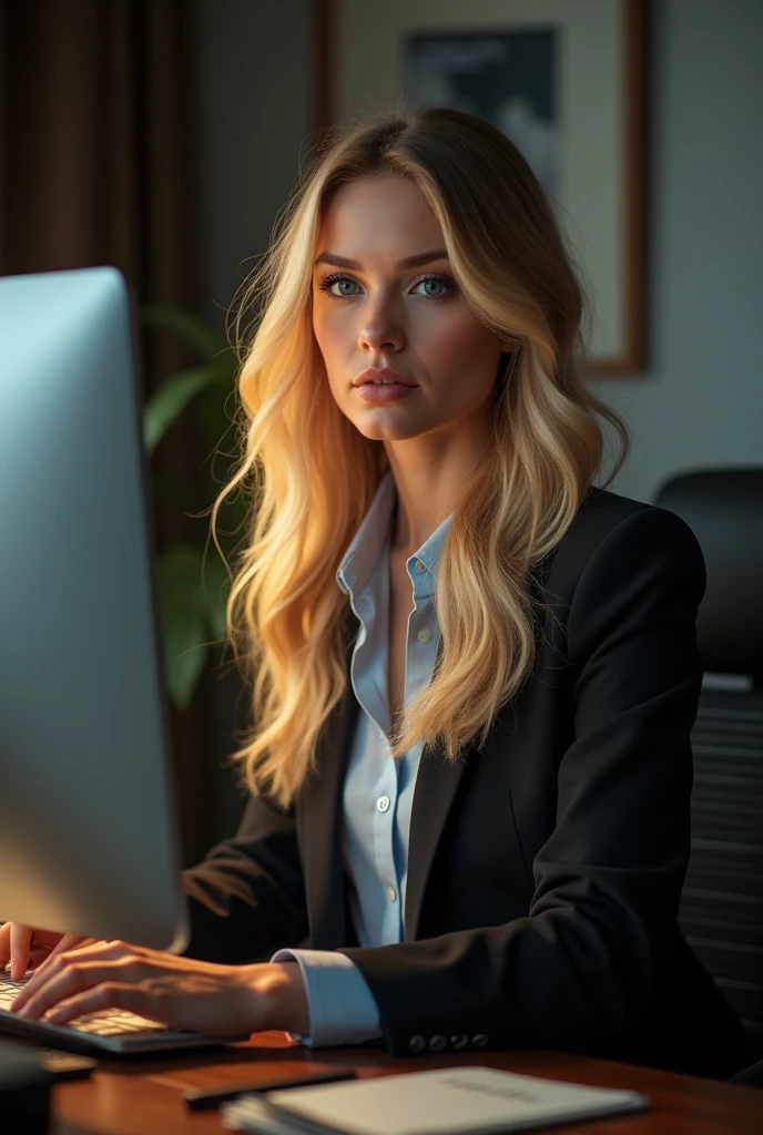 a pretty one with long blonde hair, detailedeyes, nase, and lips, wearing professional clothing, sitting in his office, using your computer, HP computer (best qualityer,4K,8k,high resolution,work of art:1.2),ultra detali,(realisitic,photorealisitic,photo-realisitic:1.37),HDR,studio lighting,extremely detailed face and body, portraite,cinematic lighting,dramatic lighting,warm color tones,dramatic colors