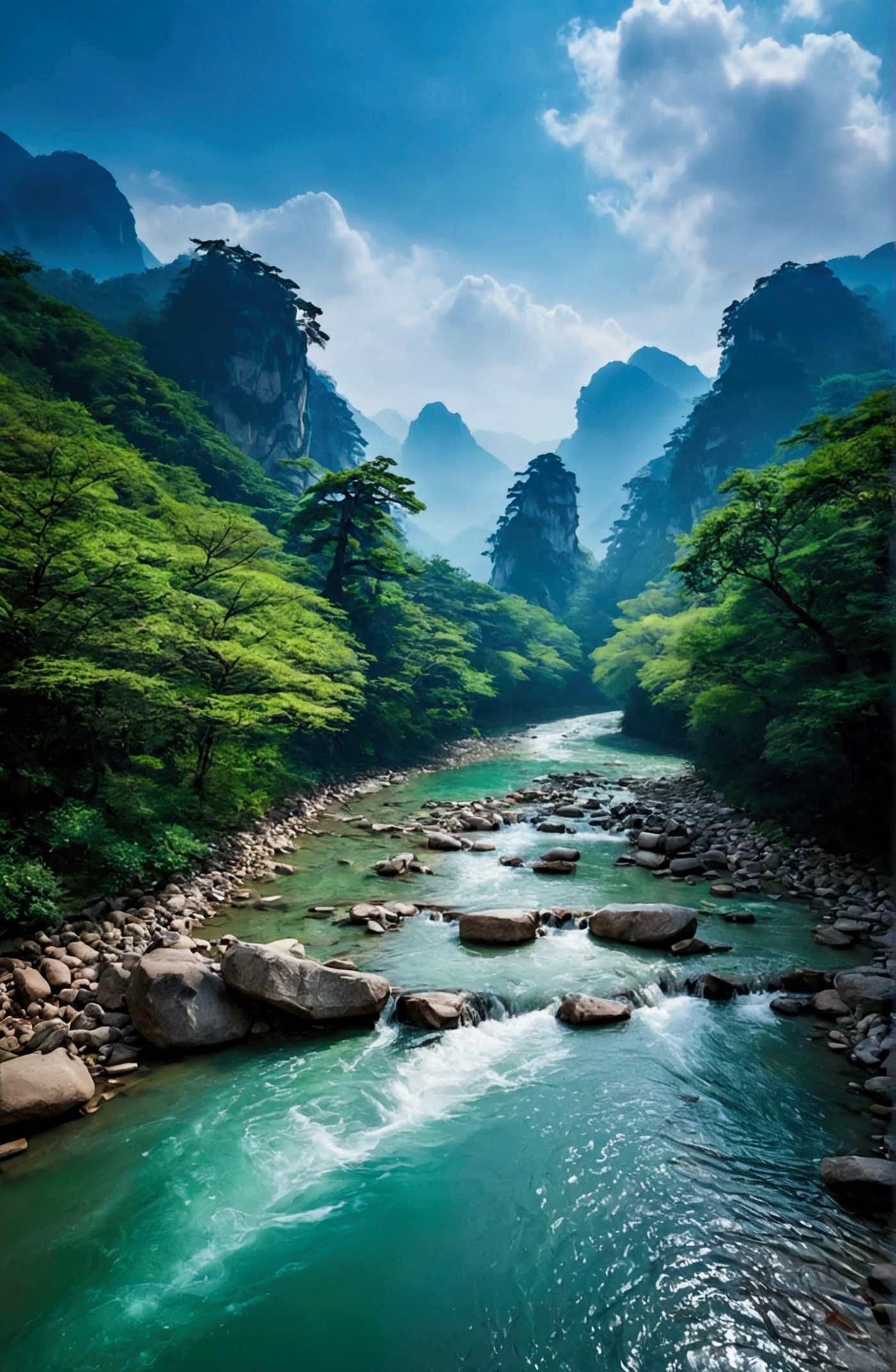 The stream is flowing，The stream is clear，There is a mountain beside the stream，Stone Mountain in Zhangjiajie,Clouds and mist，Unified emerald green tone，Cinematic color grading