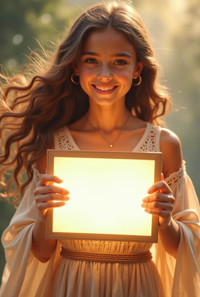 Beautiful girl with heart-warming smile and wavy long hair, bohemian dress, holding a white board with text "learn English Through Story" and showing it to the viewer, the board is glowing with a the text.Different quality girl.