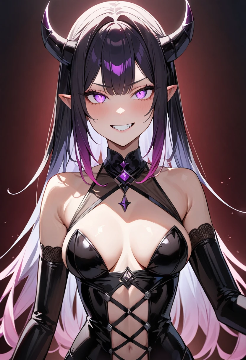(masterpiece, top quality, very aesthetic, 4k、illustration), intricate detail, 1woman,solo,contrapposto 、Strong glowing eyes、,(upper body)、grin、(devil、Erotic),beautiful face、(gradient hair)、multicolored hair,middle hair,sidelock ,purple eyes、Drug Queen、dominatrix、medium breasts、slender 、