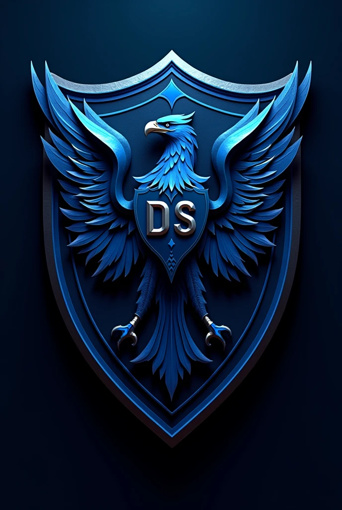 Create a shield where the colors are predominantly blue and black, the name is DS and the mascot is an eagle.