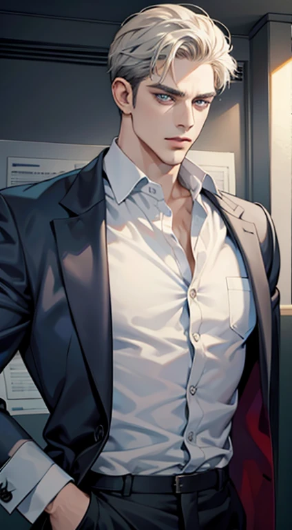(best quality, masterpiece, 8K, photorealistic, cinematic lighting, hdr image, ultra detailed, beautiful image), 1 man, 31 years old, mature man, very handsome, (without expression, serious), short white hair, blue grey eyes ( penetrating gaze), perfect face without errors, imposing posture, without errors, businessman, office background