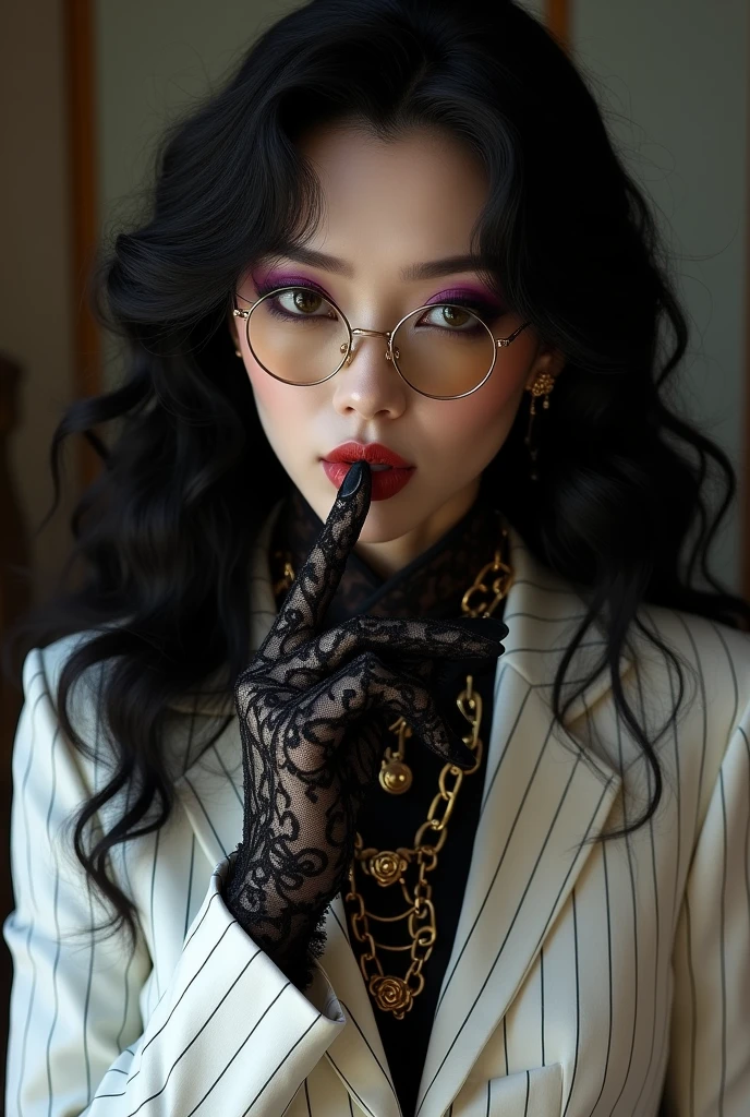 With long, curly black hair、Heavy makeup and purple eyeshadow、Dark eyeliner、Around her neck she wears a ribbon-shaped satin black and gold chain patterned scarf.、Wearing gold-rimmed glasses、Wearing long gloves made of black rose lace、A Japanese woman in her 40s wearing a striped white suit is licking her fingers obscenely with her tongue
