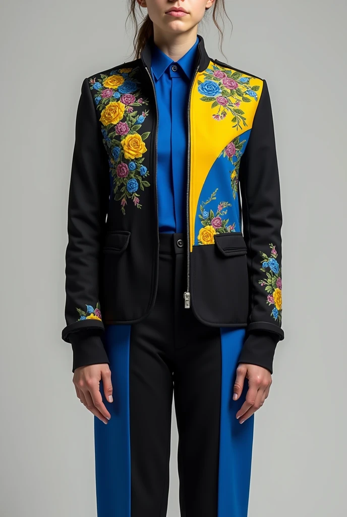 Marching band choreography outfit featuring a black below-the-thigh jacket with blue and yellow statements on the right and left sides with a floral design, with long sleeves and open so that a blue shirt appears underneath and with simple black dress pants with the sides decorated in blue