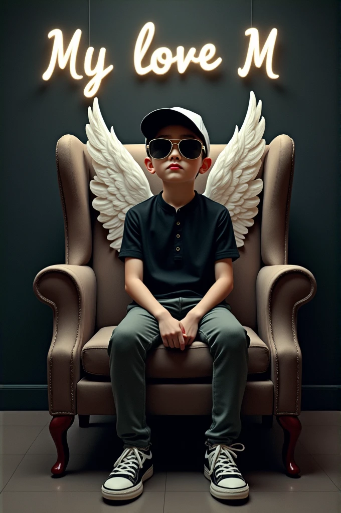 Imagine a celestial scene: a boy in a black shirt seated on a wingback chair, adorned in sneakers, a cricket cap, and sunglasses. Surround him with the text “My love M ” on a black wall, ensuring the absence of shadows and adding wings for an angelic touch.