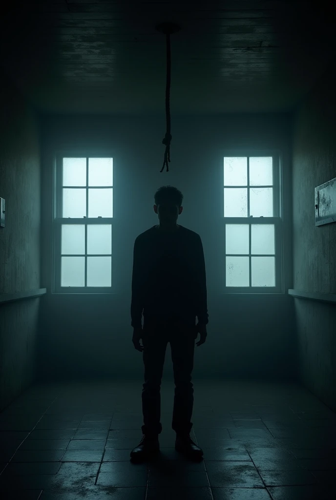 A man suiciding in a dark ultra wide with 2 windows room with hang up