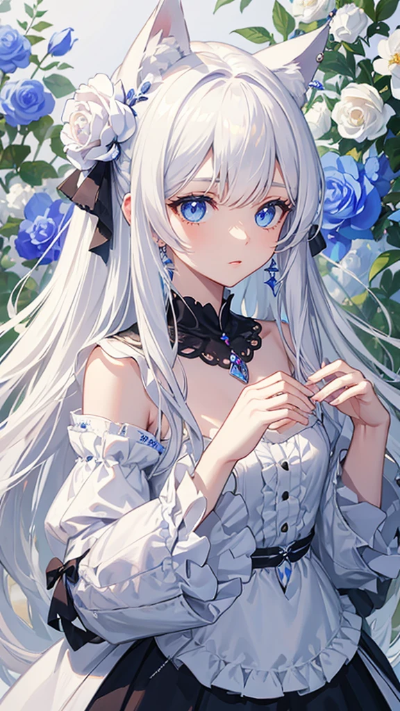 a cat girl, blue eyes, white long hairs, layered hair,hair ornament, earrings, necklace,flowers on hair,  whitish kemono , hands up, high detailed eyes,hd details , masterpiece,