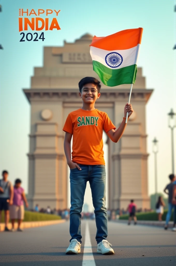 A real 20 years old boy, Wearing Orange T shirt blue jeans sneakers and the name "SANDY " is written on his t-shirt and the boy is standing on the road with holding a national flag of India, and behind him is the India gate Delhi. And "Happy Independence Day 2024" written at above sky Create Realistic image high quality.
