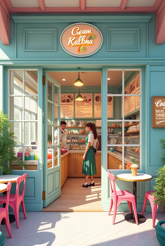 The image shows a charming ice cream shop that exudes an irresistible charm and invites everyone to come in and taste its delights.. The ice cream shop&#39;s facade is an attractive combination of vibrant colors and cozy details.. The exterior walls are painted in a soft pastel shade., like a light blue or a mint green, with large windows framed by elegant white frames that reveal the cozy atmosphere of the interior.

About the entry, a classic, stylized sign in bright, cursive letters displays the name of the ice cream shop, complemented by a cheerful illustration of an ice cream cone covered in colorful sprinkles. The glass doors are decorated with festive and fun stickers, and there is a small wooden sign with a welcome message that says "Come in and Smile!" hanging on a string.

As you step inside, the first thing that catches your eye is the ice cream counter, that stretches along one wall and is filled with a rainbow of delicious flavors in heat-resistant display cases. Each pot is colorful and very presentable., with descriptive labels and appetizing images of the flavors. The counter is decorated with a light wood finish and polished metal details., giving an air of casual elegance.

Behind the counter, Employees, with friendly uniforms and a welcoming smile, serve with efficiency and enthusiasm. There is a menu board above the counter, with a selection of ice creams, sundaes, milkshakes and frozen desserts, all tantalizingly described and illustrated with vibrant photos.

The ice cream shop&#39;s atmosphere is lively and welcoming., with chairs and tables arranged in comfortable areas. The tables are small and round, covered with tablecloths in fun patterns, like stripes or polka dots. There are also colorful and comfortable chairs, some with soft cushions, that invite visitors to sit back and relax.

The floor is made of white ceramic tiles with colored details that imitate grains., adding a touch 