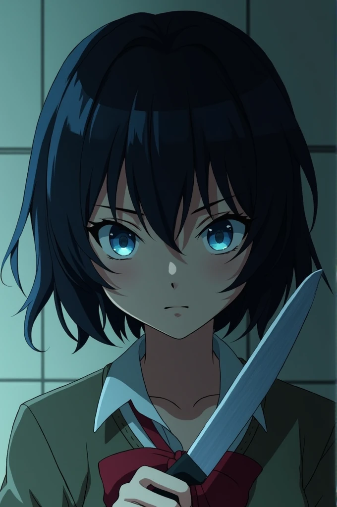 Brainwashed marinette Dupain-cheng with intense Blue eyes and holding a knife