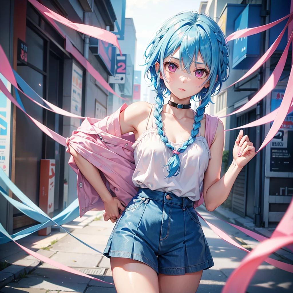 (Sky blue hair),(Braided short hair), (Pink Eyes),Fair skin) ,(whole body),(one person's),(Embarrassed),(The background is a school classroom),(Heart lettering on a blackboard),(Heart-shaped chocolate),(Hand it forward with both hands),(Sailor suit),(valentine's day),(masterpiece, Highest quality, Very detailed, Best Shadow), (Detailed Background), (Beautifully detailed face), High Contrast, (Best lighting, Very delicate and beautiful), ((Cinematic Light)), Hyper Detail,8k, Dramatic Light, Intricate details,High quality