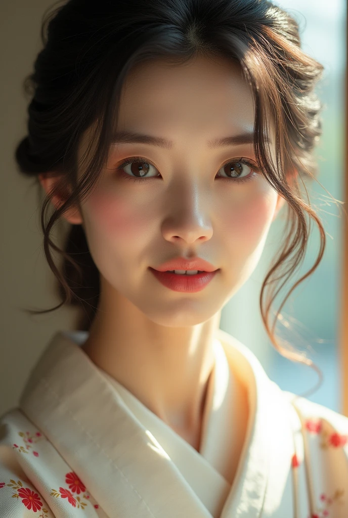 An elegantly dressed Japanese woman in natural light、A close-up of her chest and calm expression.、It shows her inner peace and outer charm.。