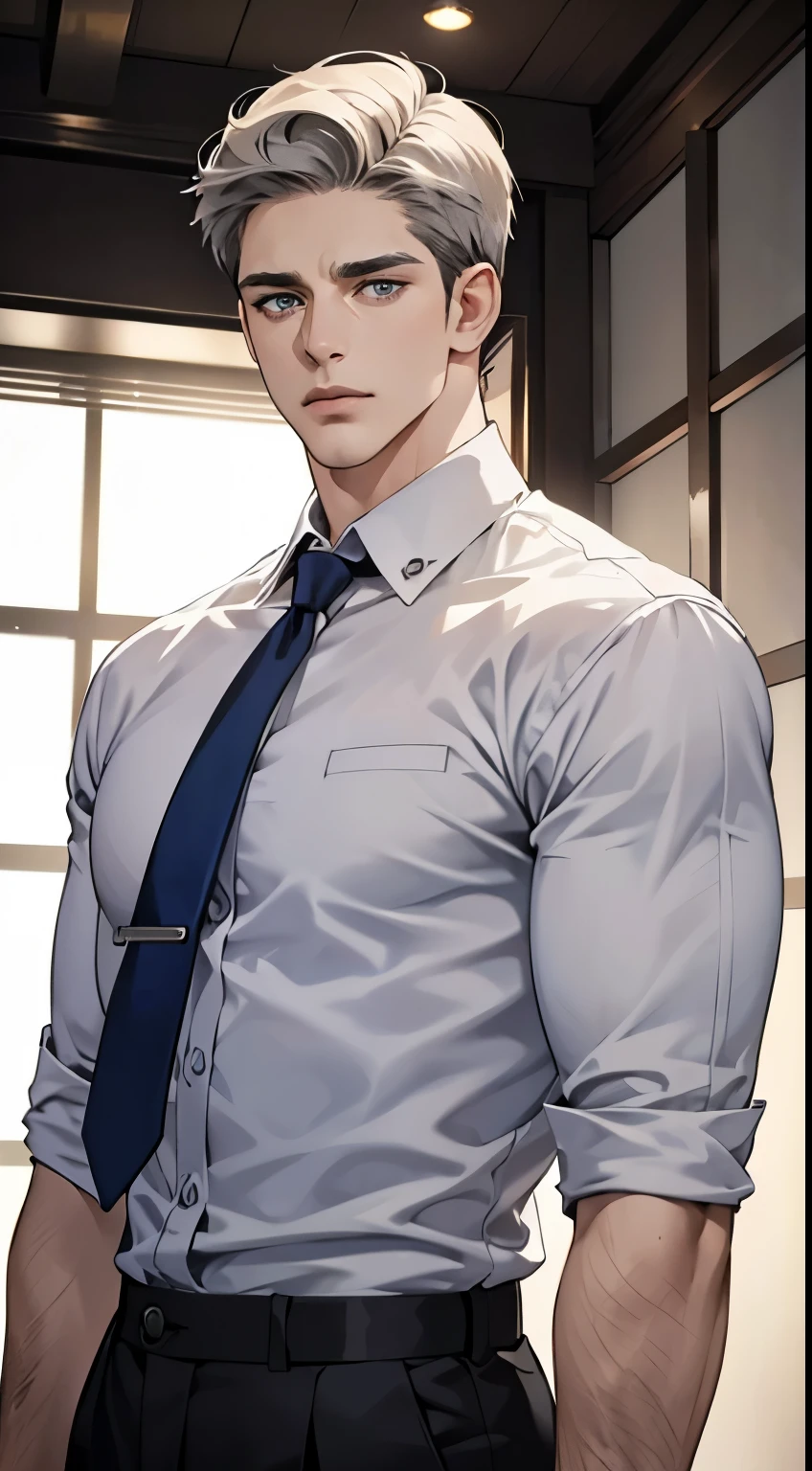 (best quality, masterpiece, 8K, photorealistic, cinematic lighting, hdr image, ultra detailed, beautiful image), 1 man, 31 years old, mature man, very handsome, (without expression, serious), short white hair, blue grey eyes ( penetrating gaze), perfect face without errors, imposing posture, without errors, businessman, office background