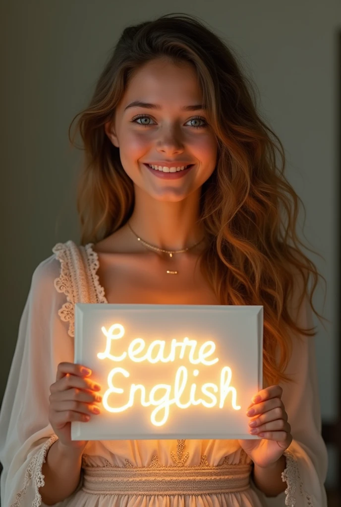 Beautiful girl with heart-warming smile and wavy long hair, bohemian dress, holding a white board with text "learn English Through Story" and showing it to the viewer, the board is glowing with a the text.Different quality girl.