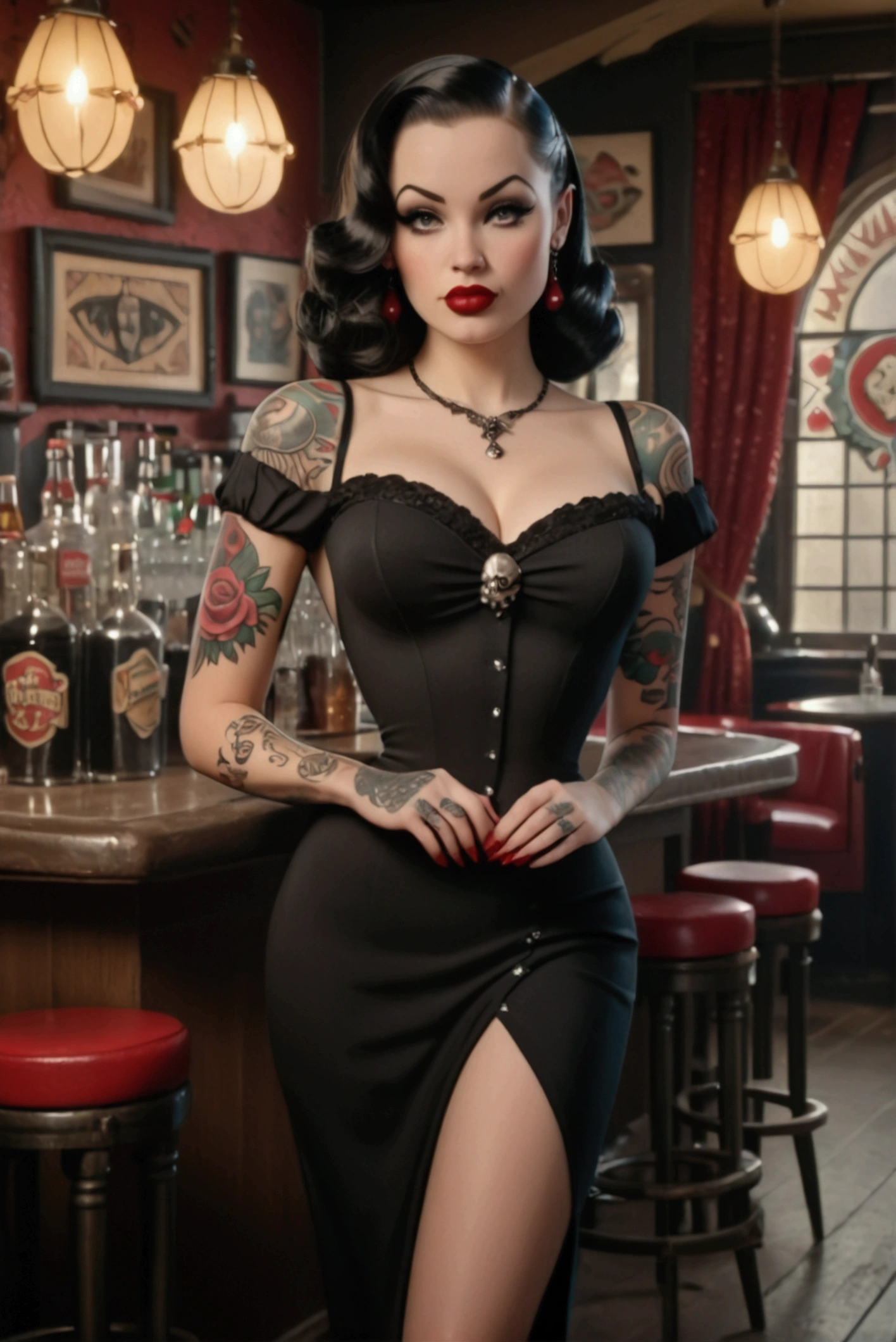 A sexy caucasian woman in a gothabilly style, highly detailed traditional neo-style tattoos, plump red lips,very sexy black dress, full body shot, retro bar setting with a decor full of skulls, 50's style, (best quality,4k,8k,highres,masterpiece:1.2),ultra-detailed,(realistic,photorealistic,photo-realistic:1.37),cinematic lighting,dramatic moody lighting,rich saturated colors,intricate ornate details
