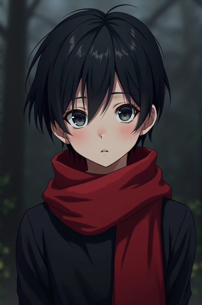 anime boy, black hair, gray eyes, white skin, dark background, red scarf black_dress