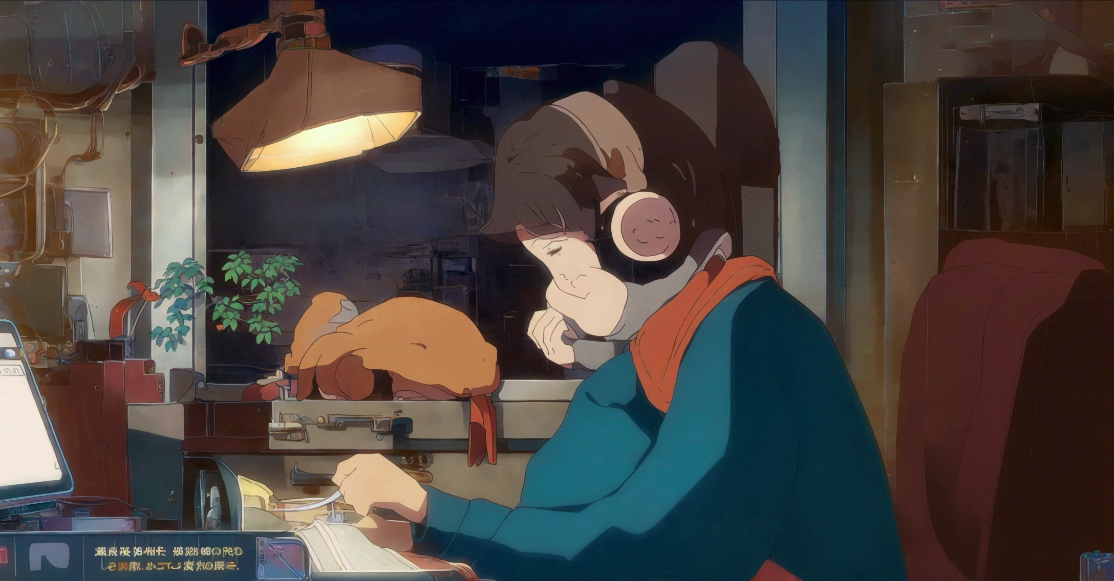 A young woman with brown hair "praise" Branded headphones, sitting at a wooden desk writing in a notebook. She is wearing a green sweater and a red scarf. The setting is cozy, There is a view of the city from the window、Dimly lit night room. On the desk is color々There are things like that on display., Including potted plants, Pencil holder, Scissors and a laptop with an open web page. Orange cat sleeping behind a potted plant. There are other decorations in the room too., Shelves filled with books, lamp, Small toys and pictures. The overall atmosphere is calm and educational.. Anime-style illustration of a woman studying at a desk with a laptop. The night cityscape is visible in the background., There are potted plants and stationery lined up on the desk.. You can also see a cat sleeping behind her..