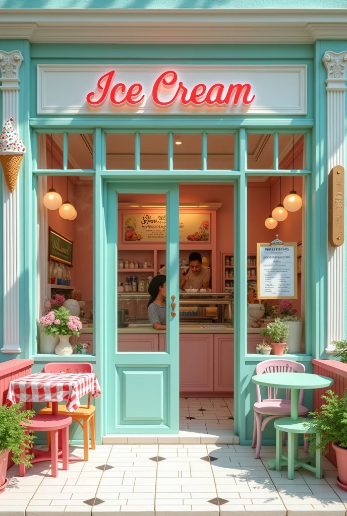 The image shows a charming ice cream shop that exudes an irresistible charm and invites everyone to come in and taste its delights.. The ice cream shop&#39;s facade is an attractive combination of vibrant colors and cozy details.. The exterior walls are painted in a soft pastel shade., like a light blue or a mint green, with large windows framed by elegant white frames that reveal the cozy atmosphere of the interior.

About the entry, a classic, stylized sign in bright, cursive letters displays the name of the ice cream shop, complemented by a cheerful illustration of an ice cream cone covered in colorful sprinkles. The glass doors are decorated with festive and fun stickers, and there is a small wooden sign with a welcome message that says "Come in and Smile!" hanging on a string.

As you step inside, the first thing that catches your eye is the ice cream counter, that stretches along one wall and is filled with a rainbow of delicious flavors in heat-resistant display cases. Each pot is colorful and very presentable., with descriptive labels and appetizing images of the flavors. The counter is decorated with a light wood finish and polished metal details., giving an air of casual elegance.

Behind the counter, Employees, with friendly uniforms and a welcoming smile, serve with efficiency and enthusiasm. There is a menu board above the counter, with a selection of ice creams, sundaes, milkshakes and frozen desserts, all tantalizingly described and illustrated with vibrant photos.

The ice cream shop&#39;s atmosphere is lively and welcoming., with chairs and tables arranged in comfortable areas. The tables are small and round, covered with tablecloths in fun patterns, like stripes or polka dots. There are also colorful and comfortable chairs, some with soft cushions, that invite visitors to sit back and relax.

The floor is made of white ceramic tiles with colored details that imitate grains., adding a touch 