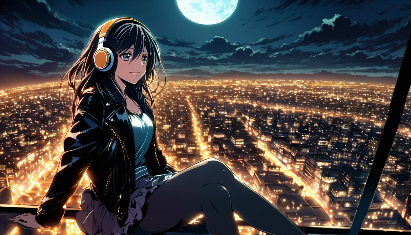 Wearing headphones and a leather jacket, Sitting on the edge of a rooftop at night.One woman in her early 20s with an anime face、 The city lights are shining behind her, And the moon reflects in the sea. She is smiling and enjoying the music, He doesn&#39;t notice the camera capturing this moment..