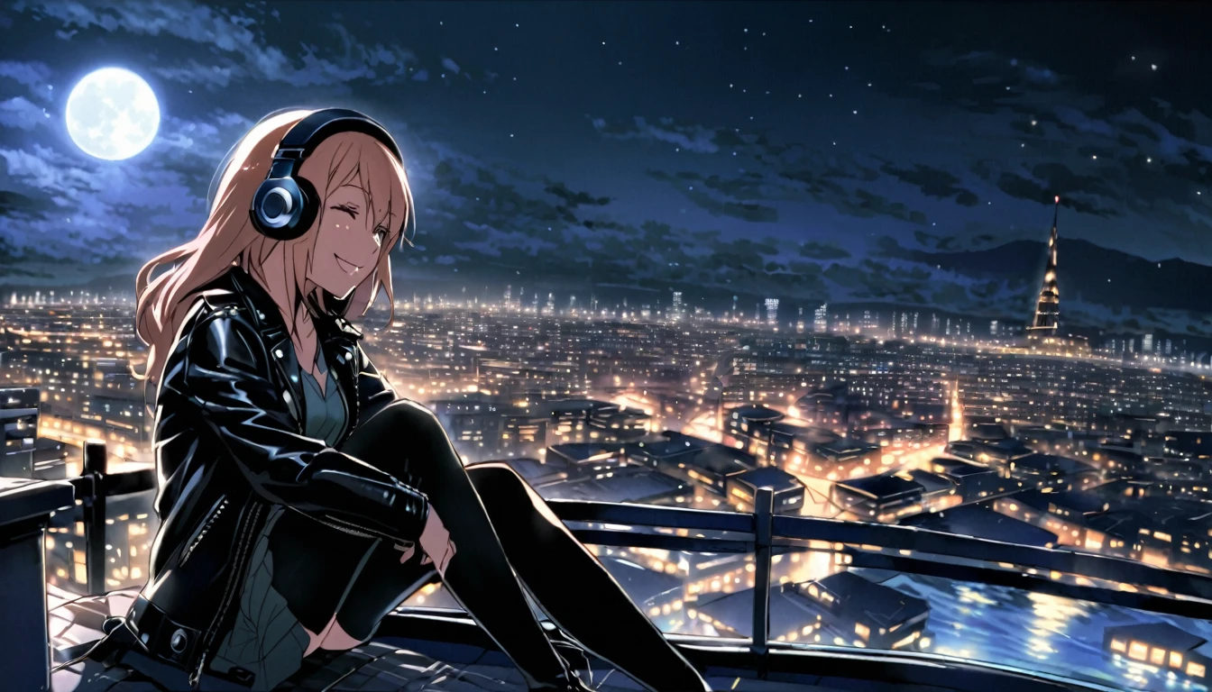 Wearing headphones and a leather jacket, Sitting on the edge of a rooftop at night.One woman in her early 20s with an anime face、 The city lights are shining behind her, And the moon reflects in the sea. She is smiling and enjoying the music, He doesn't notice the camera capturing this moment..