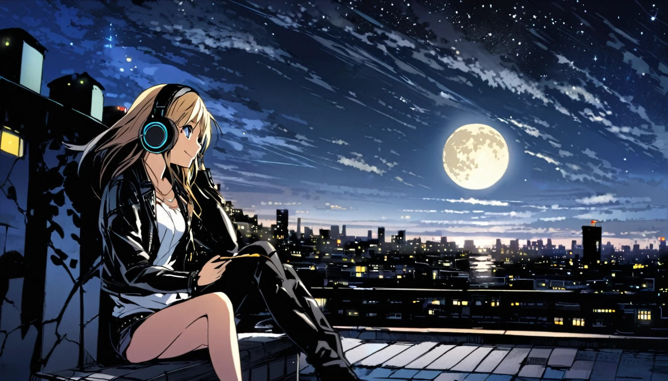 Wearing headphones and a leather jacket, Sitting on the edge of a rooftop at night.One woman in her early 20s with an anime face、 The city lights are shining behind her, And the moon reflects in the sea. She is smiling and enjoying the music, He doesn't notice the camera capturing this moment..