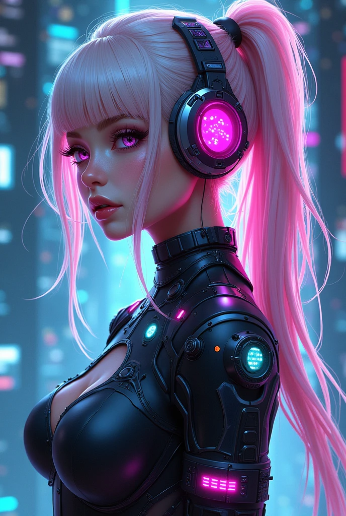 Realistic illustration of a beautiful cyber girl with a hairstyle、Bright neon colored long hair、Shiny texture。The outfit is a tight suit with a futuristic design.、It has metallic accents.。On her arms and neck、There are accessories with built-in LED lights and digital screens.、It gives the impression of coming straight out of cyberspace.。