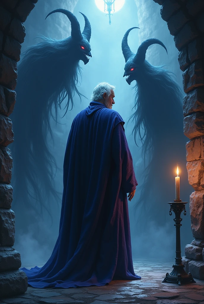 A scene where shadows come to life and transform into disturbing creatures around the wizard.