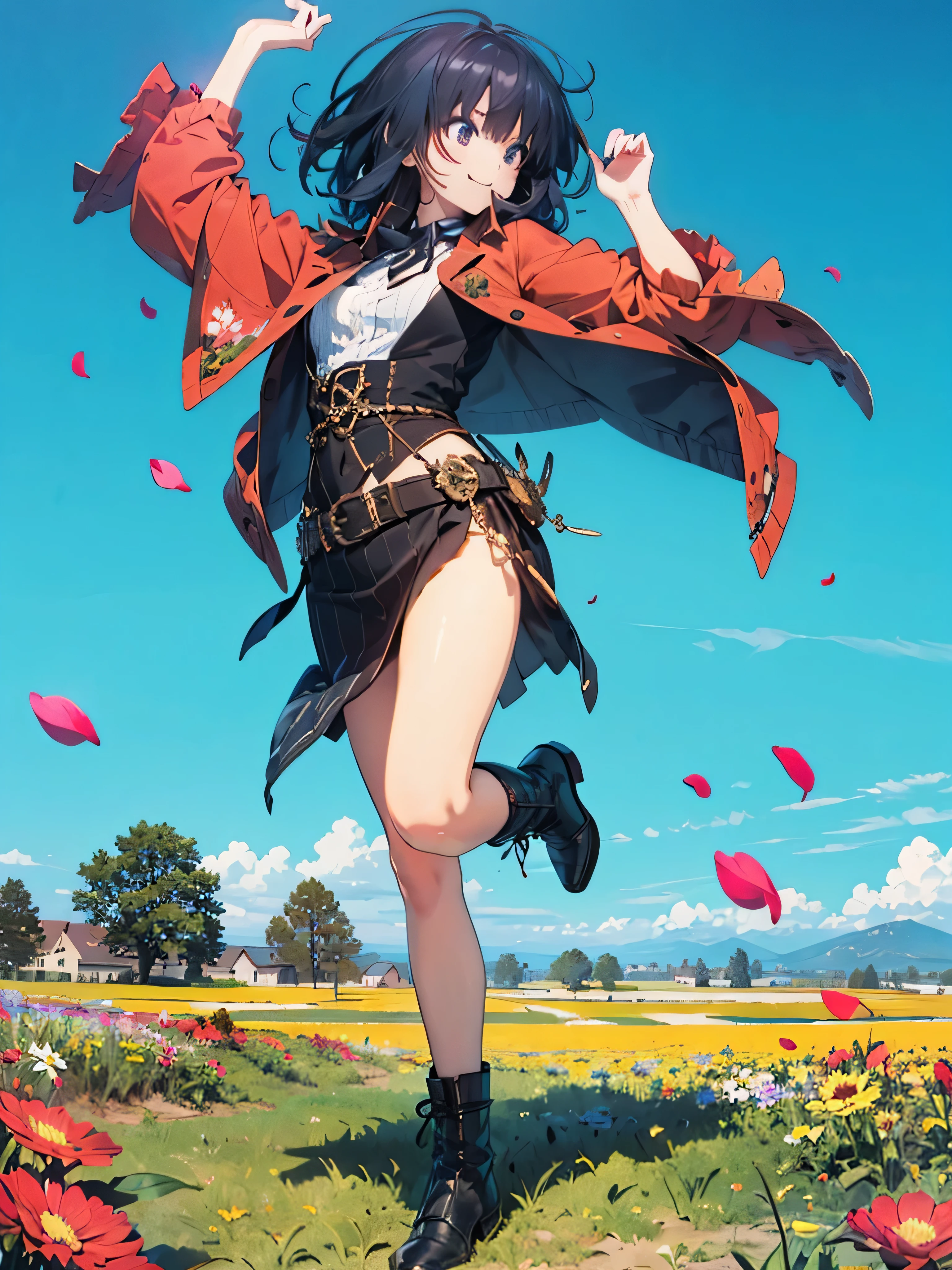 Official Art, wallpaper, Very detailed, (((Very detailed))), Realistic portraits, (high quality, masterpiece, High resolution), 8K  UHD, high quality, There is a woman, surrounded by colorful flowers, Flower Field, female portrait With flowers, Beautiful young dark-haired woman, 4K, 8k, smile, Angle from below, Anatomically correct, Dynamic, low angle , Full body photo, The wind is blowing, Dancing petals, Western, horizon, dance, Bouncing, prairie, open field, beautiful sunny day, blue sky, Raise one leg