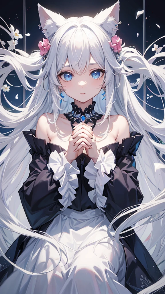 a cat girl, blue eyes, white long hairs, layered hair,hair ornament, earrings, necklace,flowers on hair, white kemono , hands up, high detailed eyes,hd details , masterpiece,